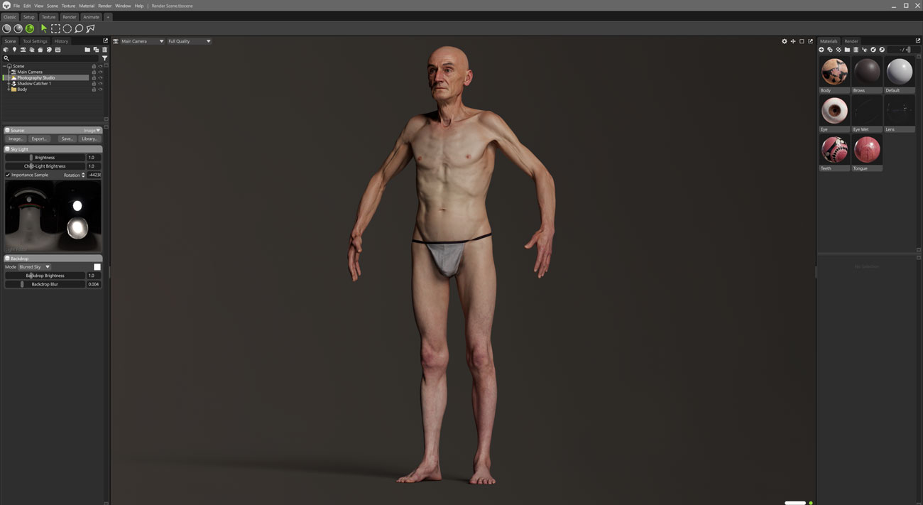 Marmoset Toolbag real-time render of an older male 3D body scan with PBR shading and lighting
